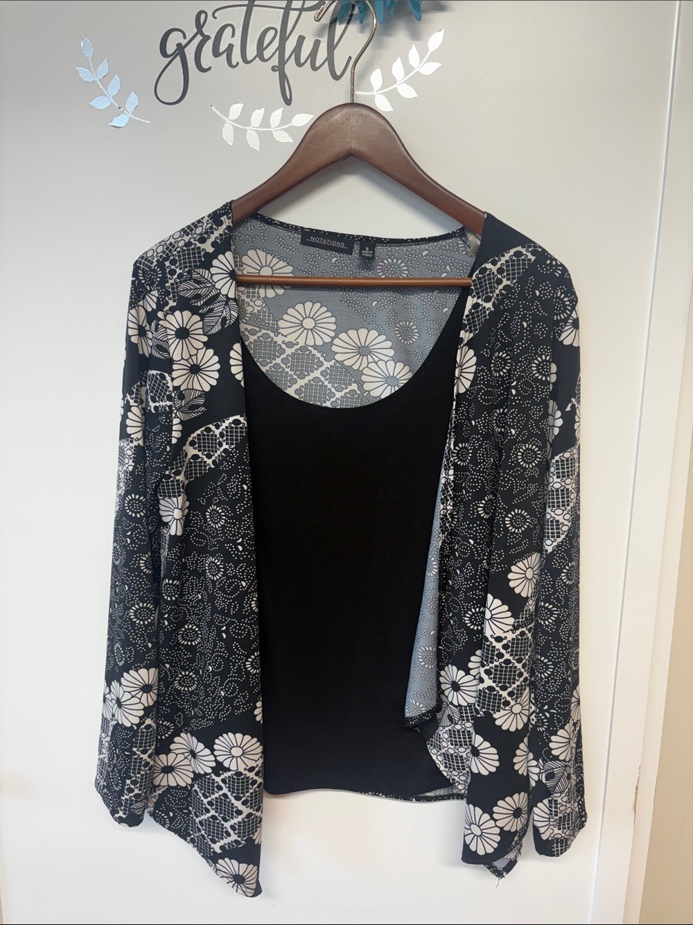Notations Black and White Floral Open Cardigan with Tank
